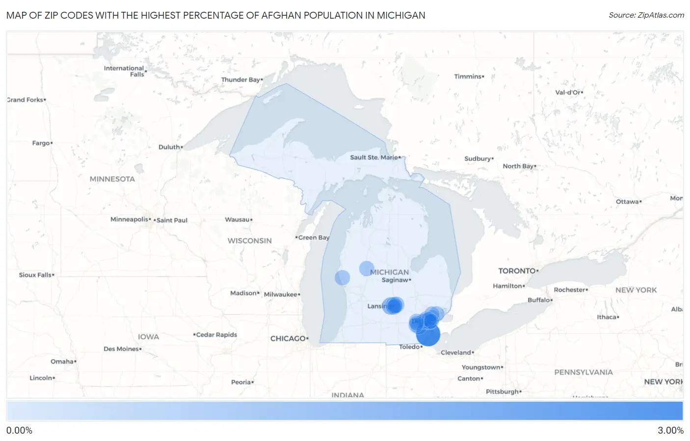 Zip Codes with the Highest Percentage of Afghan Population in Michigan Map