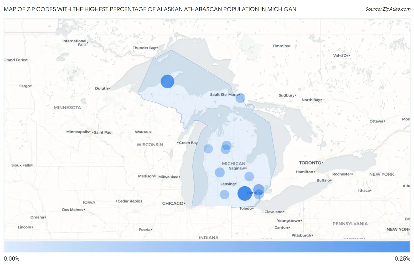 Zip Codes with the Highest Percentage of Alaskan Athabascan Population in Michigan Map