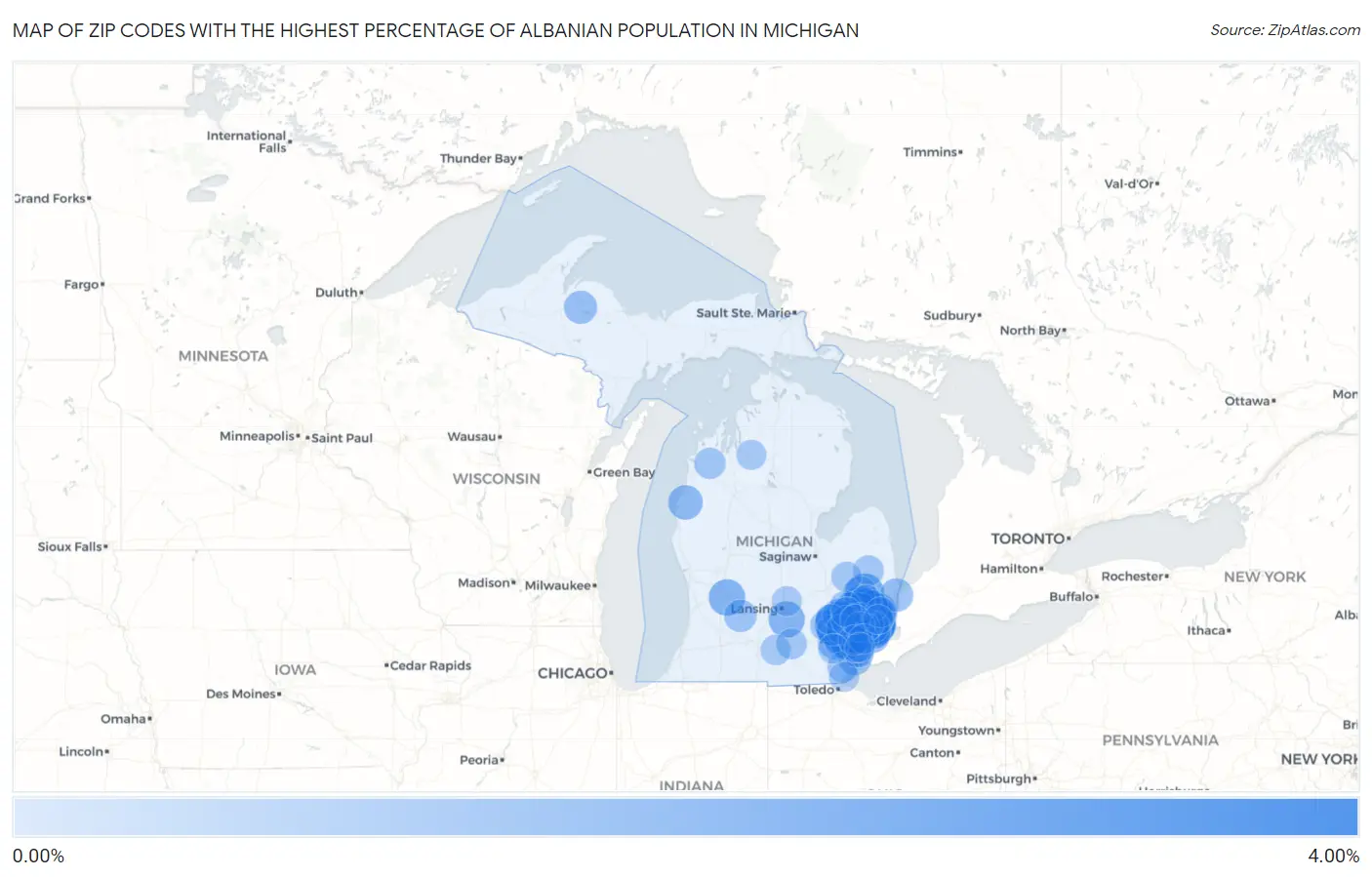 Zip Codes with the Highest Percentage of Albanian Population in Michigan Map