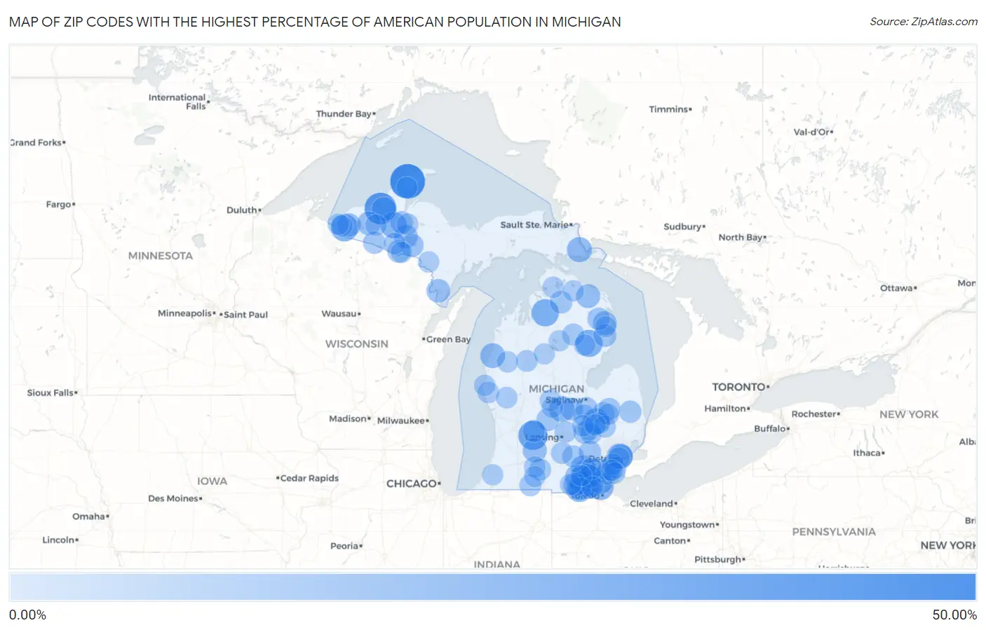 Zip Codes with the Highest Percentage of American Population in Michigan Map