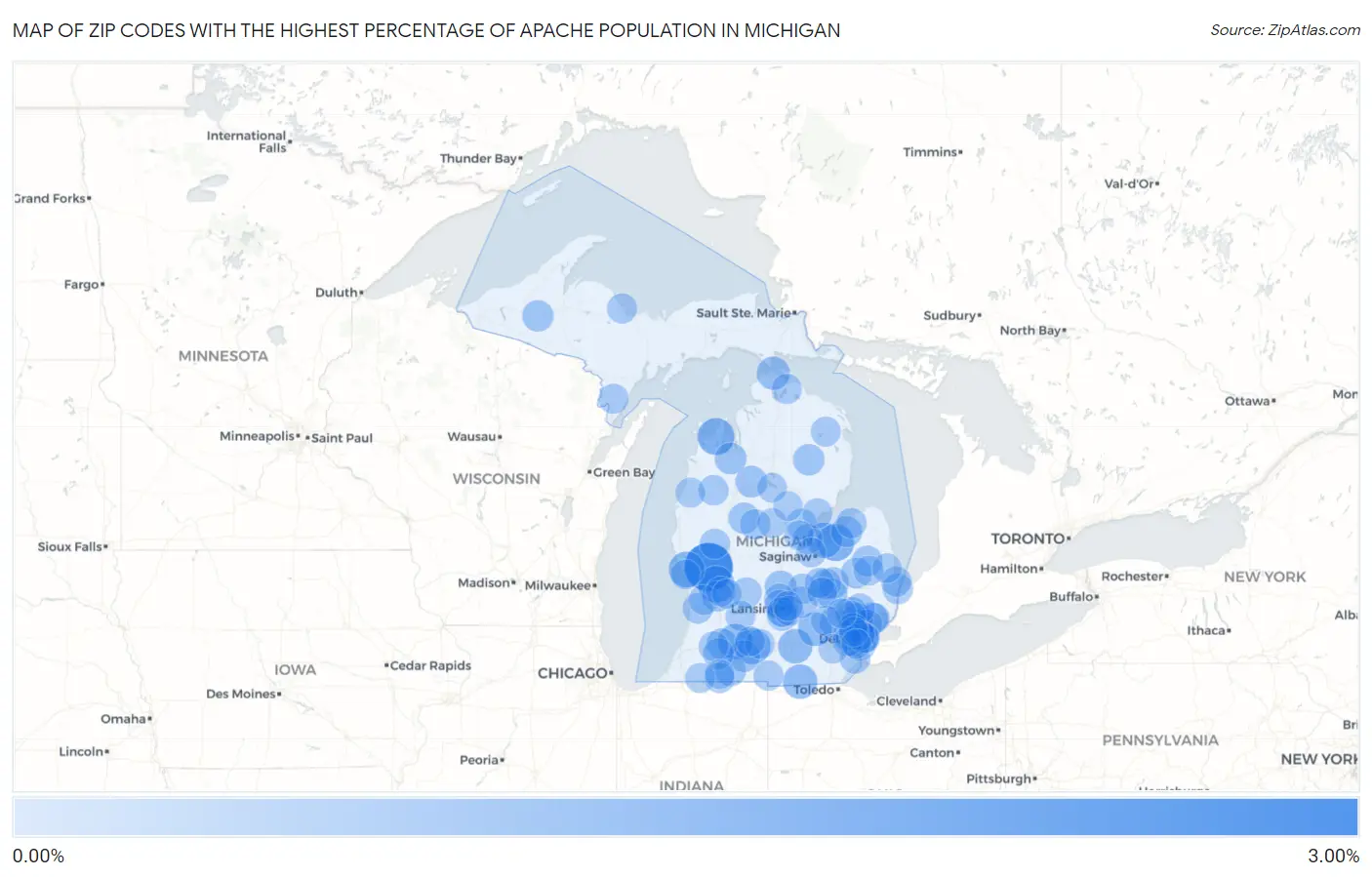 Zip Codes with the Highest Percentage of Apache Population in Michigan Map