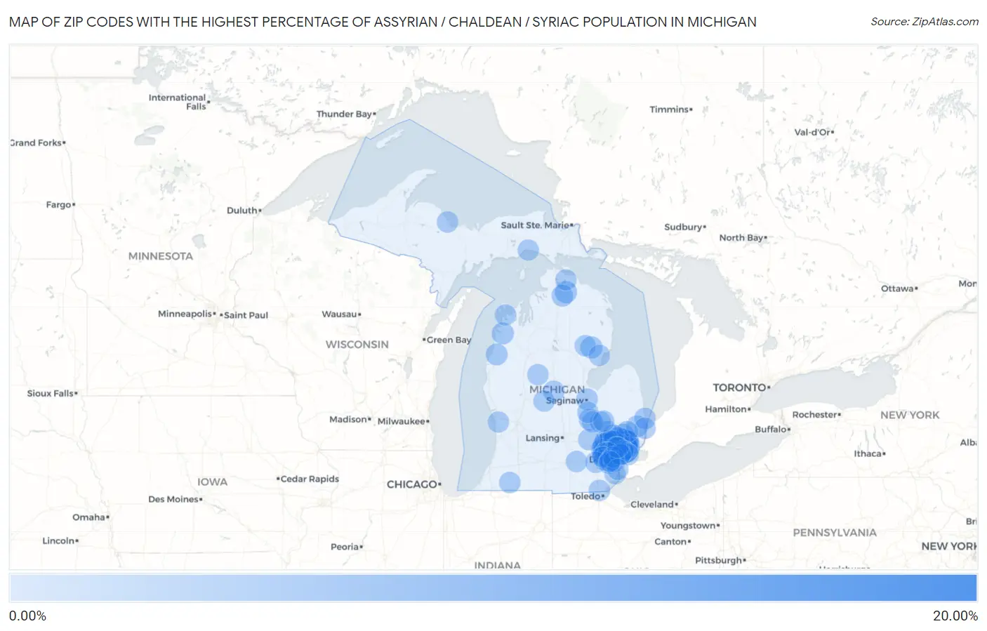 Zip Codes with the Highest Percentage of Assyrian / Chaldean / Syriac Population in Michigan Map