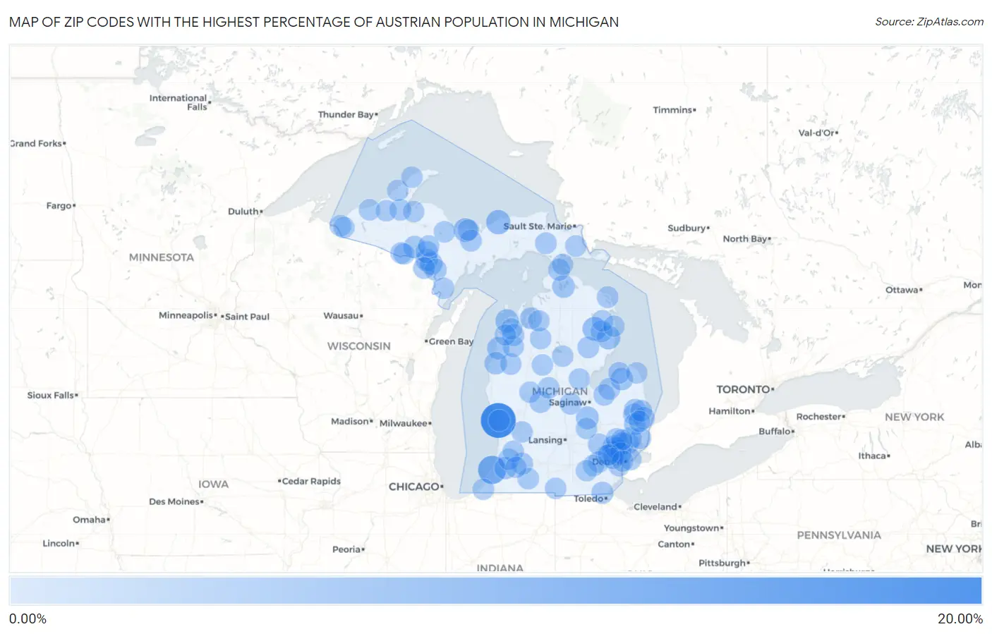 Zip Codes with the Highest Percentage of Austrian Population in Michigan Map