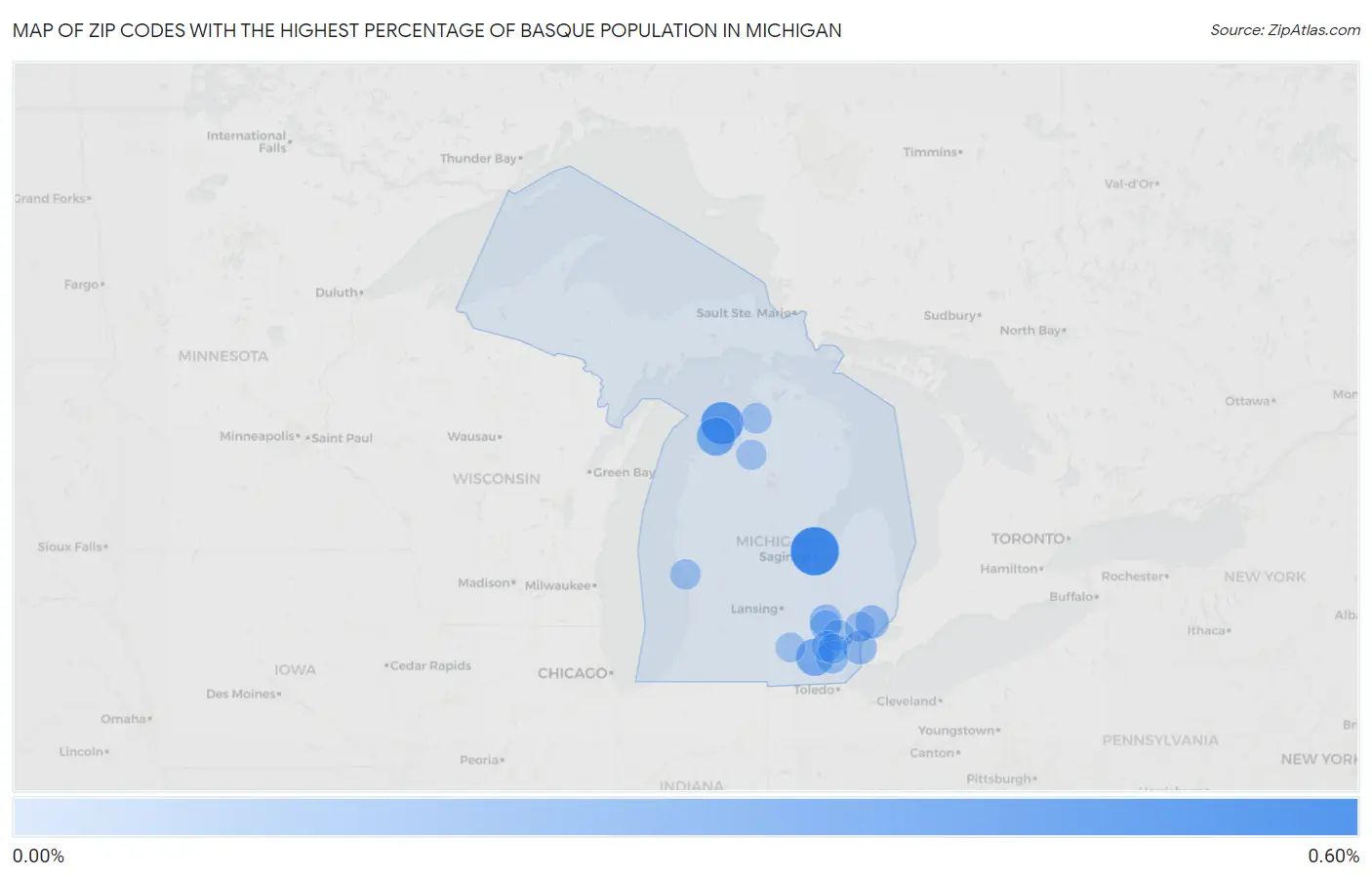 Zip Codes with the Highest Percentage of Basque Population in Michigan Map