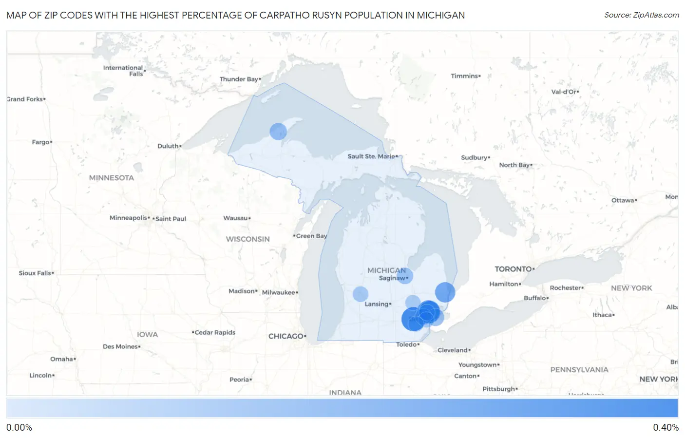 Zip Codes with the Highest Percentage of Carpatho Rusyn Population in Michigan Map