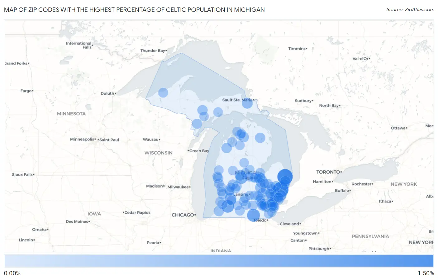 Zip Codes with the Highest Percentage of Celtic Population in Michigan Map