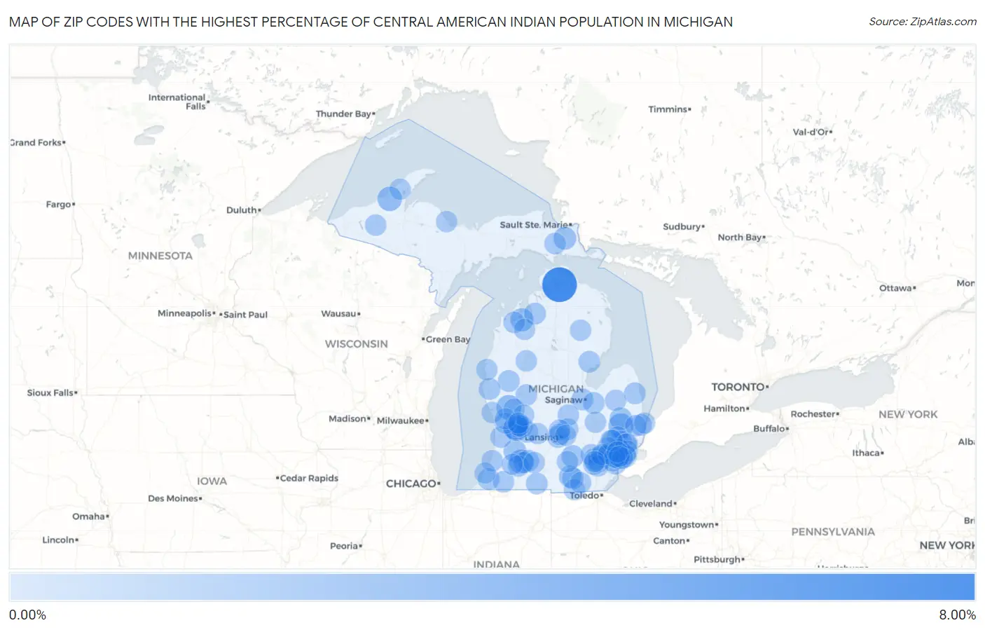 Zip Codes with the Highest Percentage of Central American Indian Population in Michigan Map