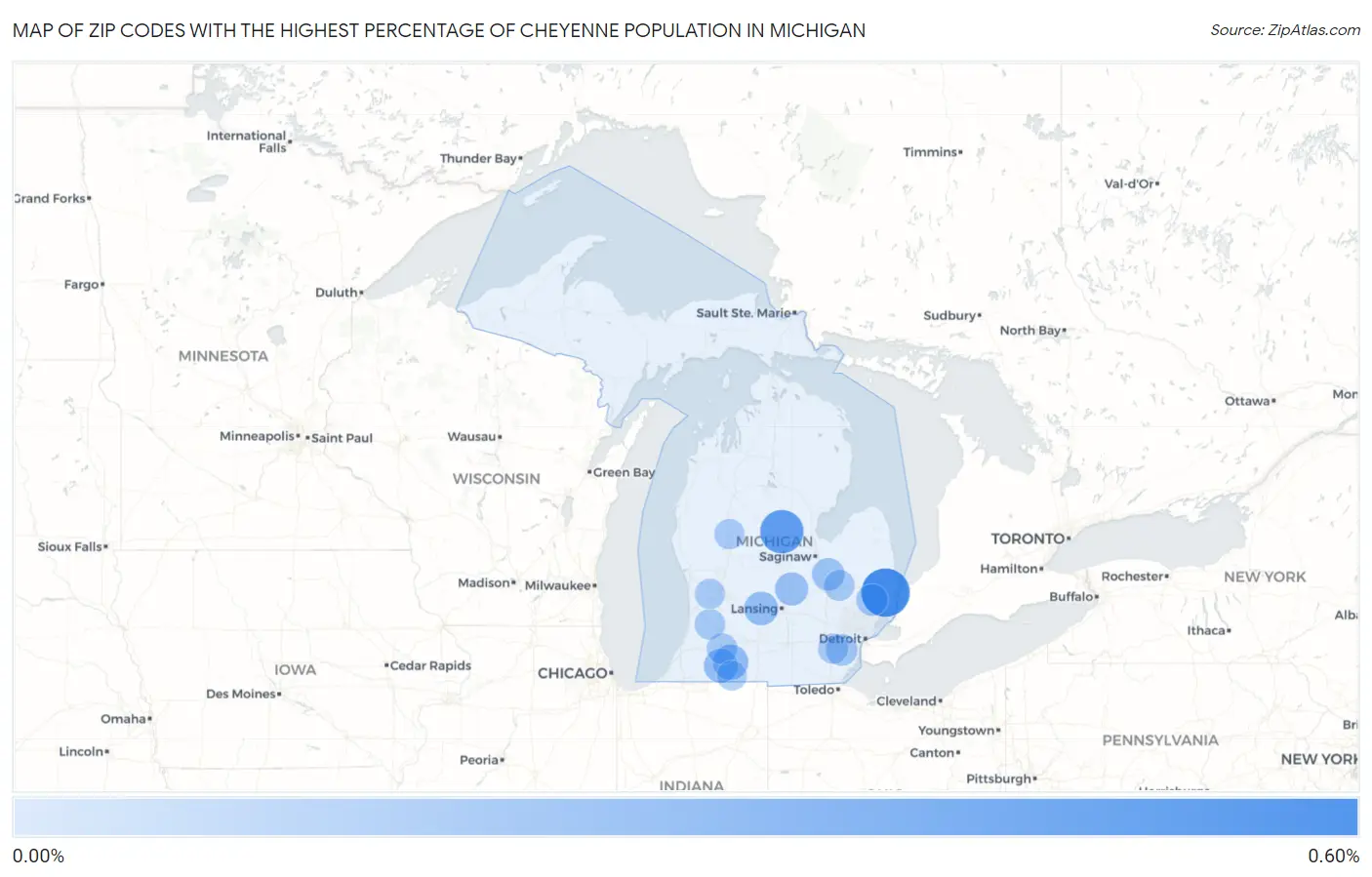 Zip Codes with the Highest Percentage of Cheyenne Population in Michigan Map