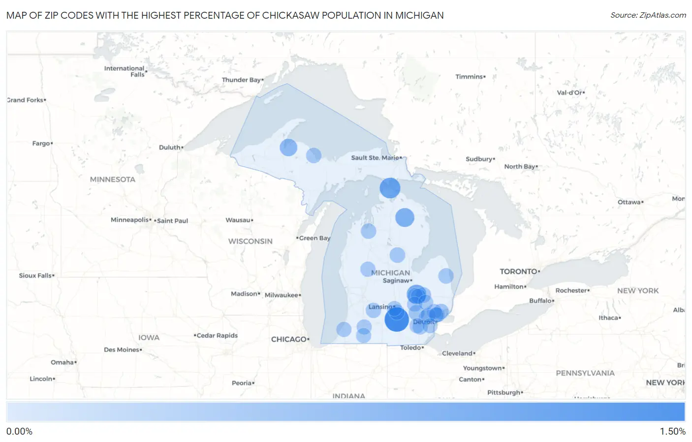 Zip Codes with the Highest Percentage of Chickasaw Population in Michigan Map