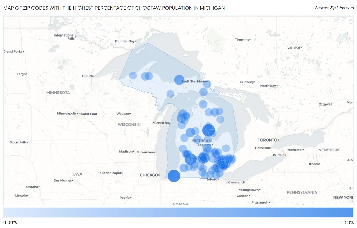 Zip Codes with the Highest Percentage of Choctaw Population in Michigan Map