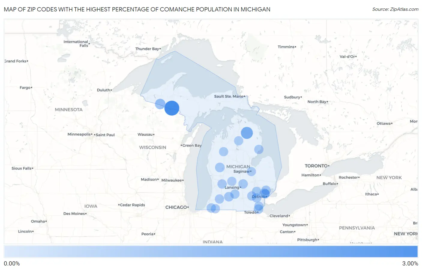 Zip Codes with the Highest Percentage of Comanche Population in Michigan Map