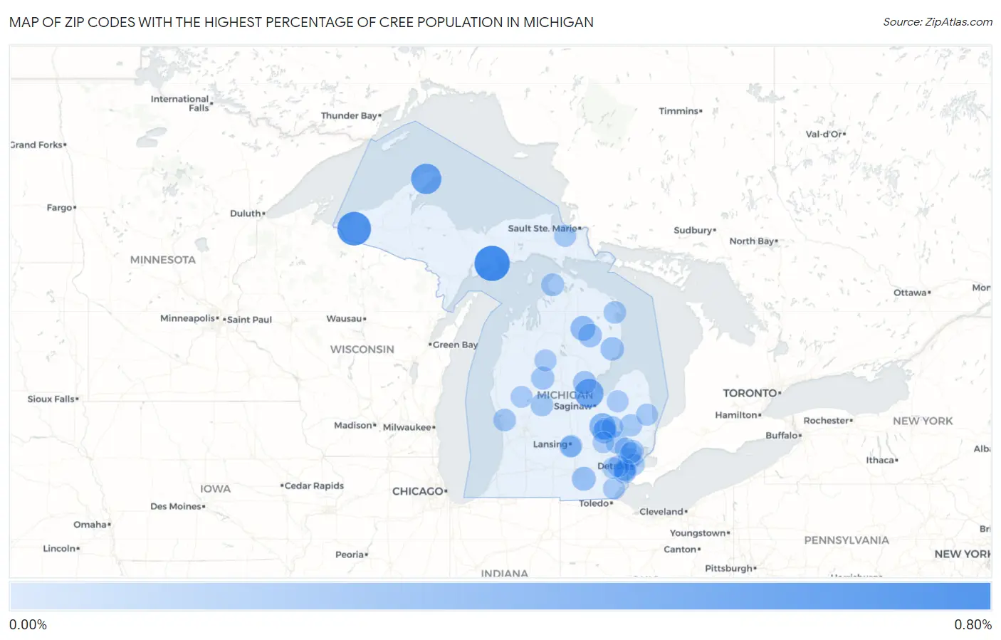 Zip Codes with the Highest Percentage of Cree Population in Michigan Map