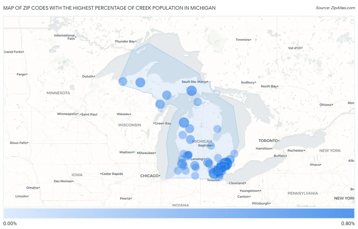 Zip Codes with the Highest Percentage of Creek Population in Michigan Map