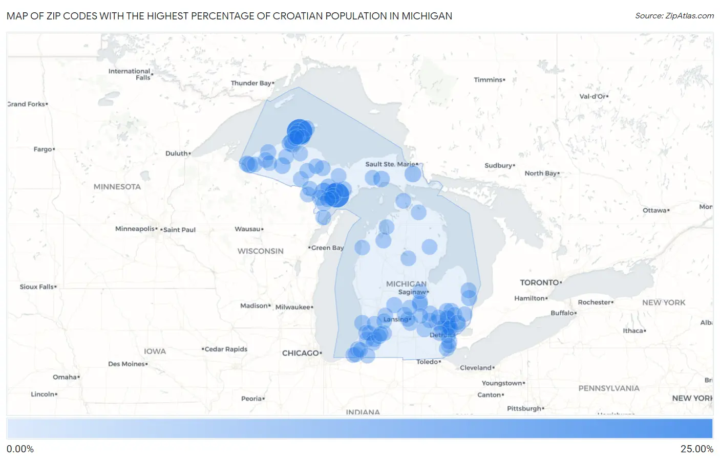 Zip Codes with the Highest Percentage of Croatian Population in Michigan Map