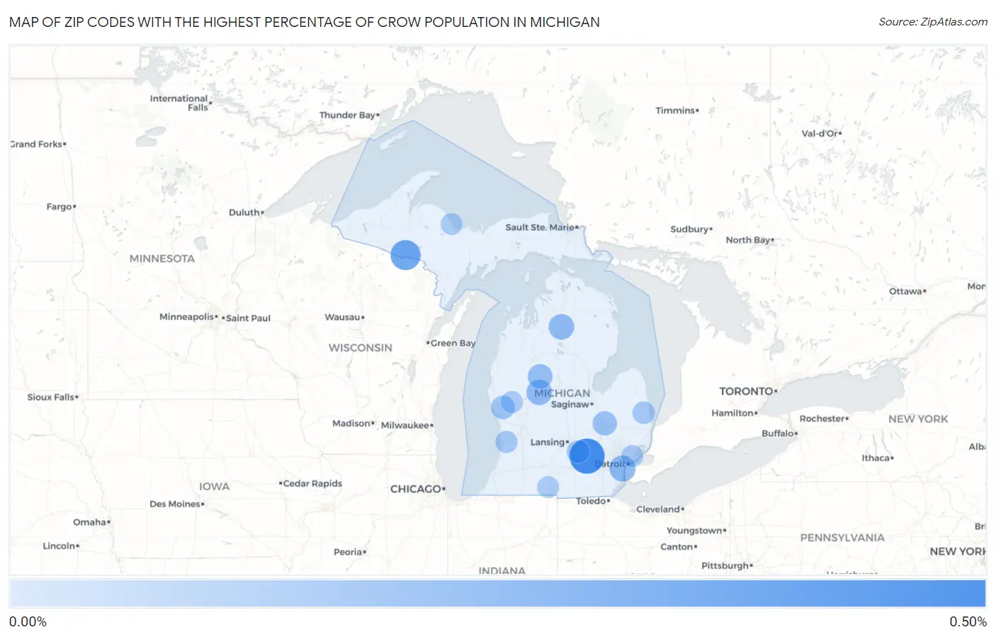 Zip Codes with the Highest Percentage of Crow Population in Michigan Map