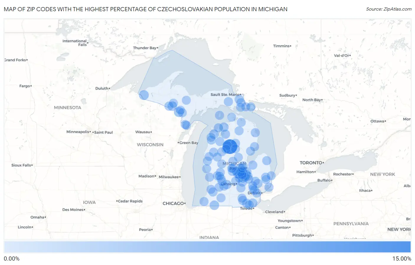 Zip Codes with the Highest Percentage of Czechoslovakian Population in Michigan Map