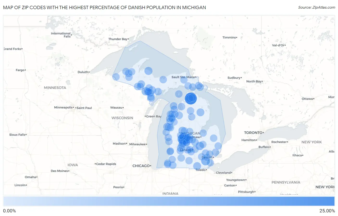Zip Codes with the Highest Percentage of Danish Population in Michigan Map