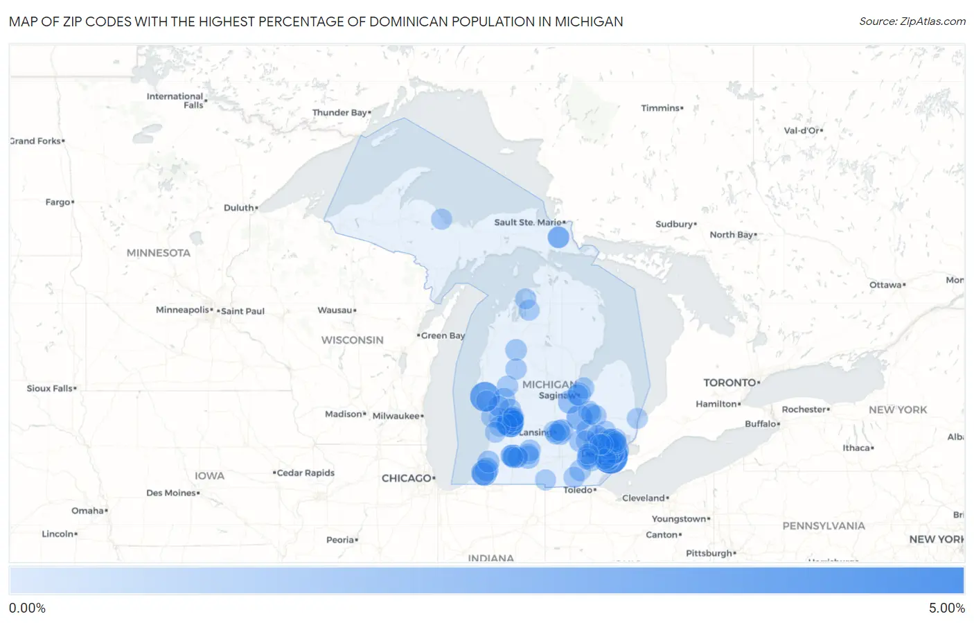 Zip Codes with the Highest Percentage of Dominican Population in Michigan Map
