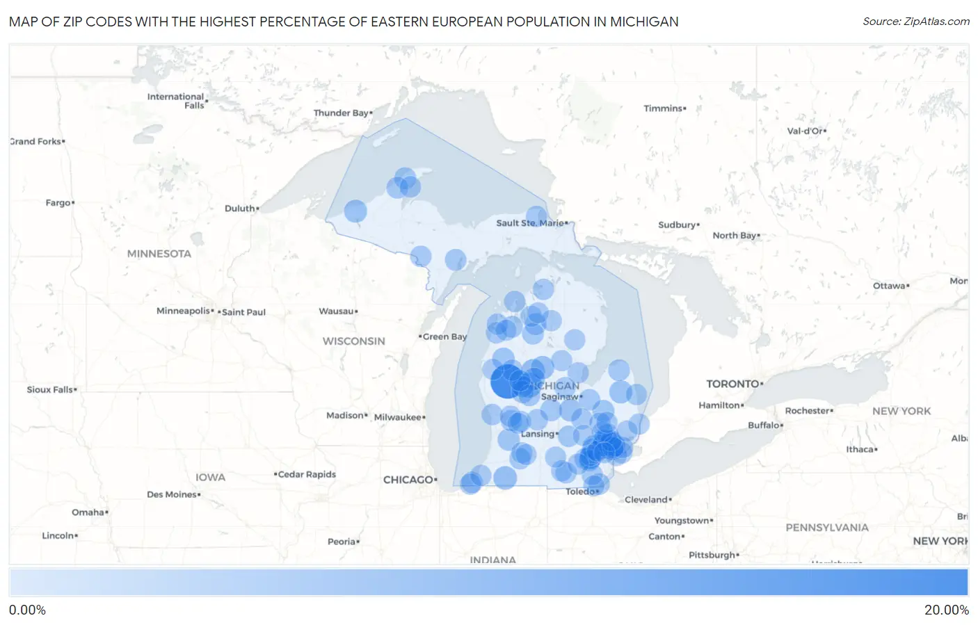 Zip Codes with the Highest Percentage of Eastern European Population in Michigan Map