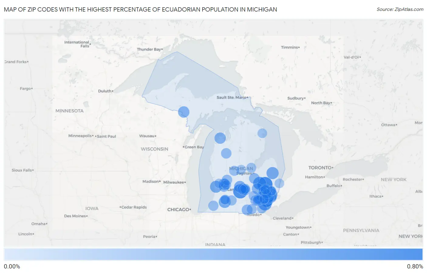 Zip Codes with the Highest Percentage of Ecuadorian Population in Michigan Map