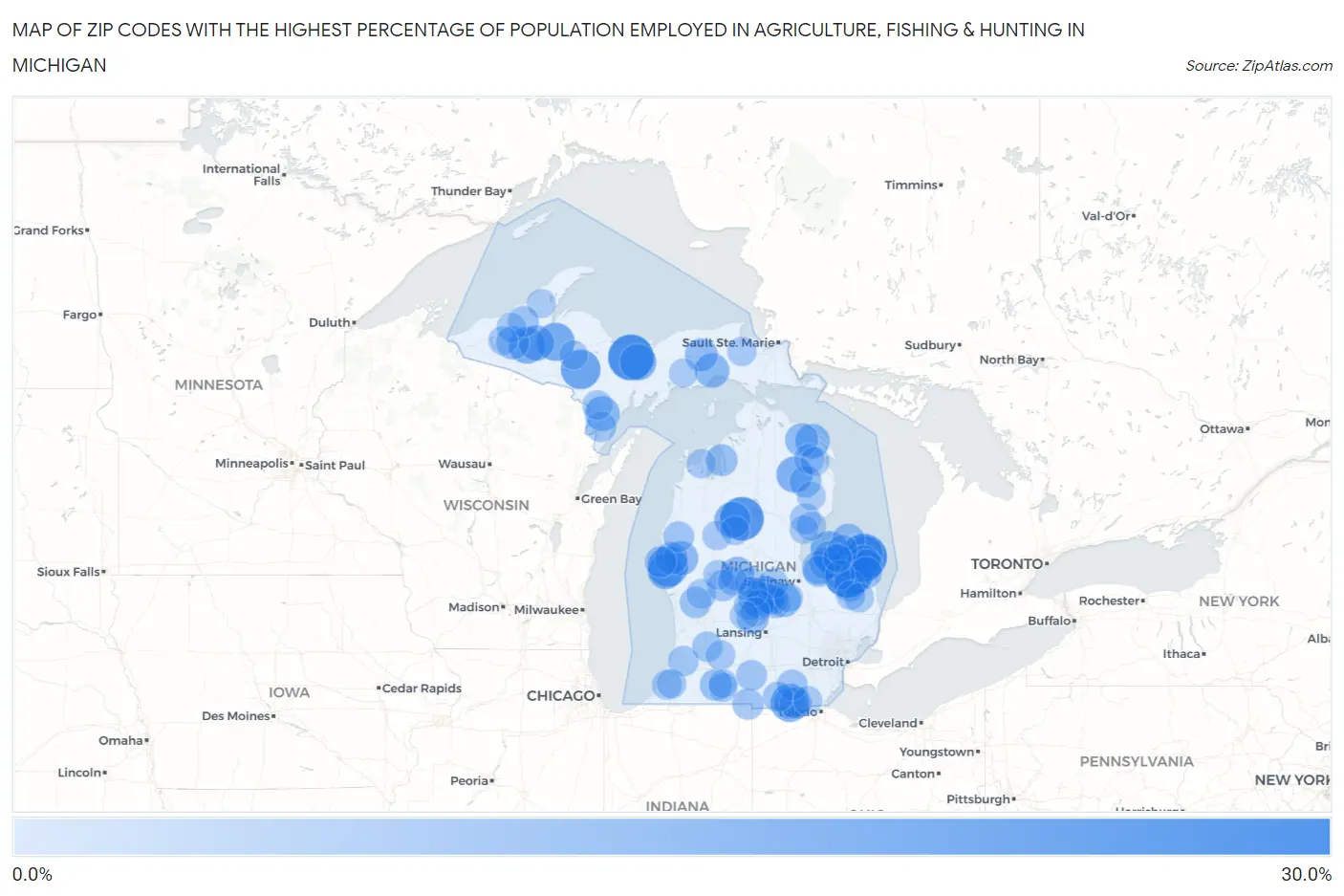 Zip Codes with the Highest Percentage of Population Employed in Agriculture, Fishing & Hunting in Michigan Map