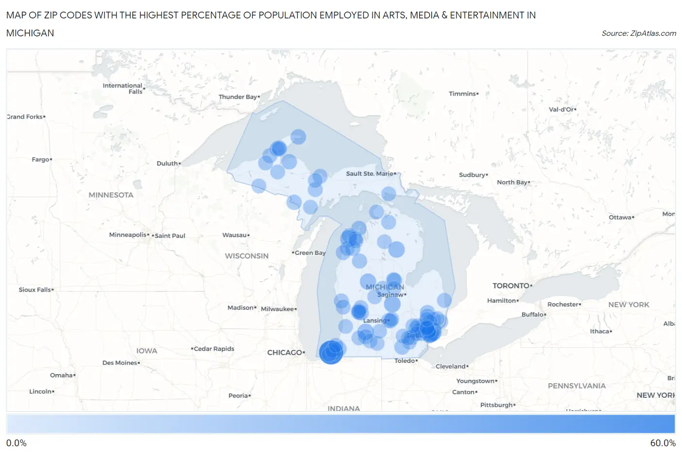 Zip Codes with the Highest Percentage of Population Employed in Arts, Media & Entertainment in Michigan Map