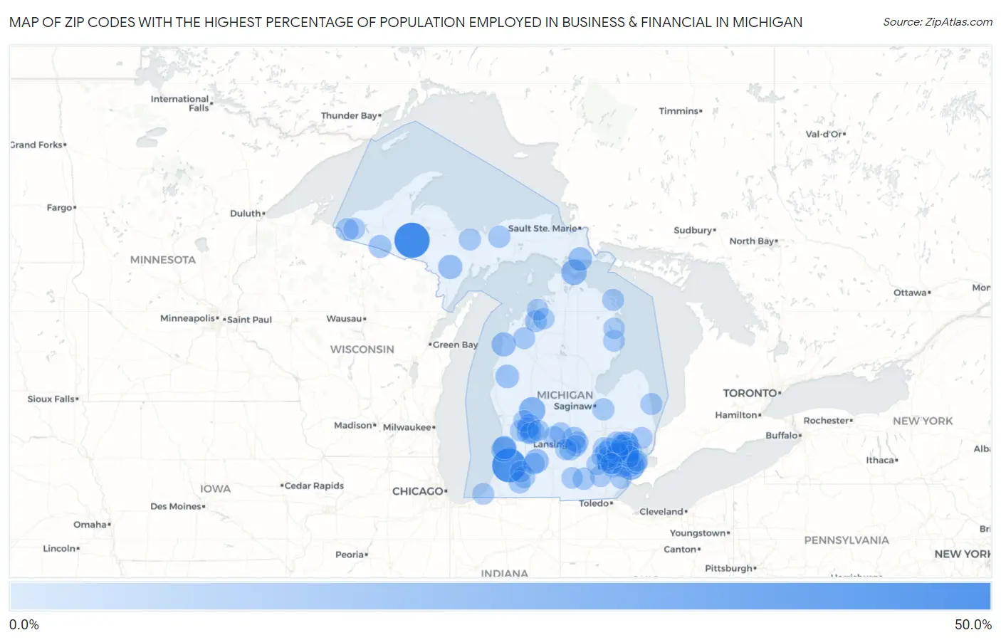 Zip Codes with the Highest Percentage of Population Employed in Business & Financial in Michigan Map