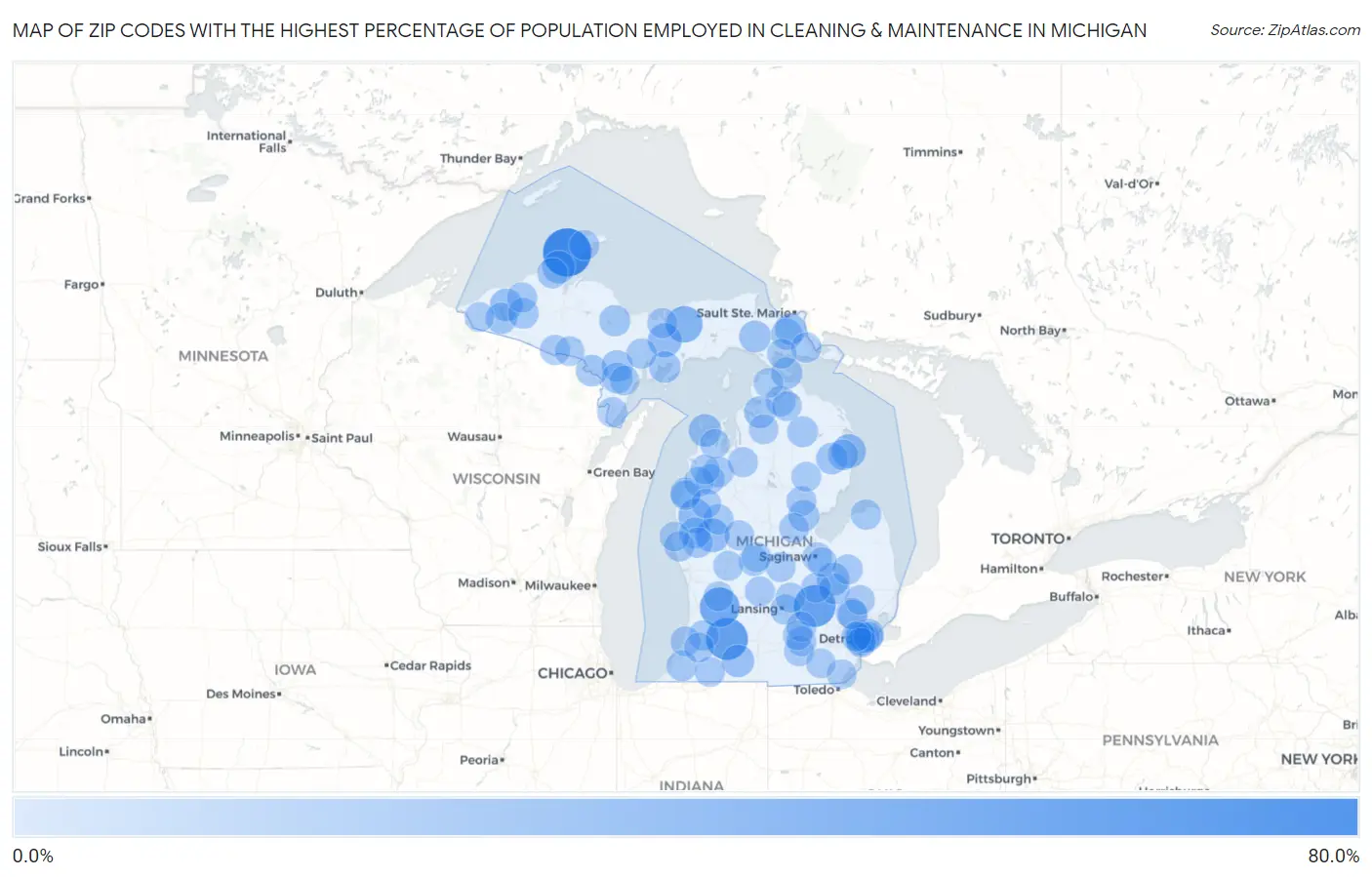 Zip Codes with the Highest Percentage of Population Employed in Cleaning & Maintenance in Michigan Map