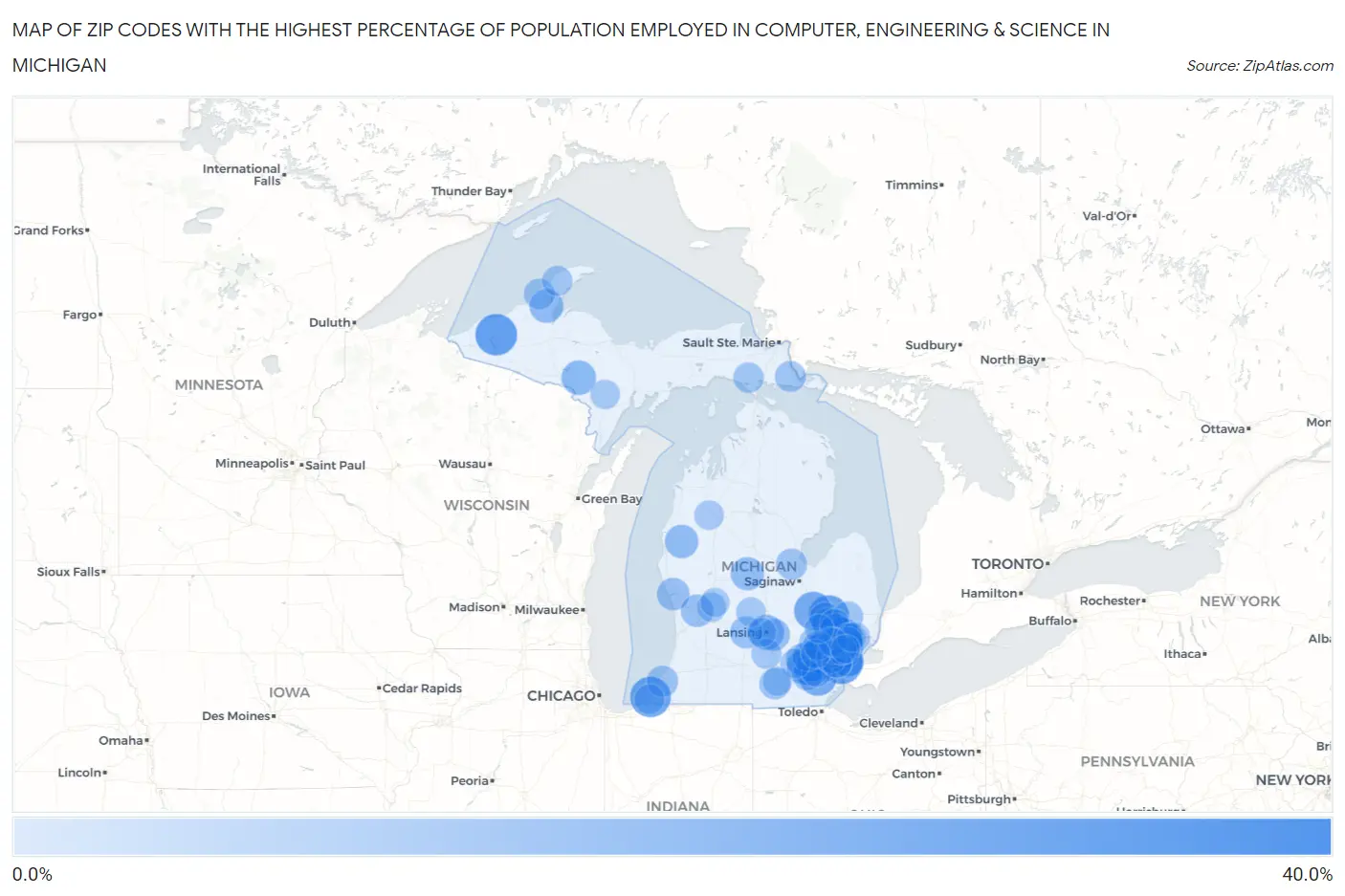 Zip Codes with the Highest Percentage of Population Employed in Computer, Engineering & Science in Michigan Map