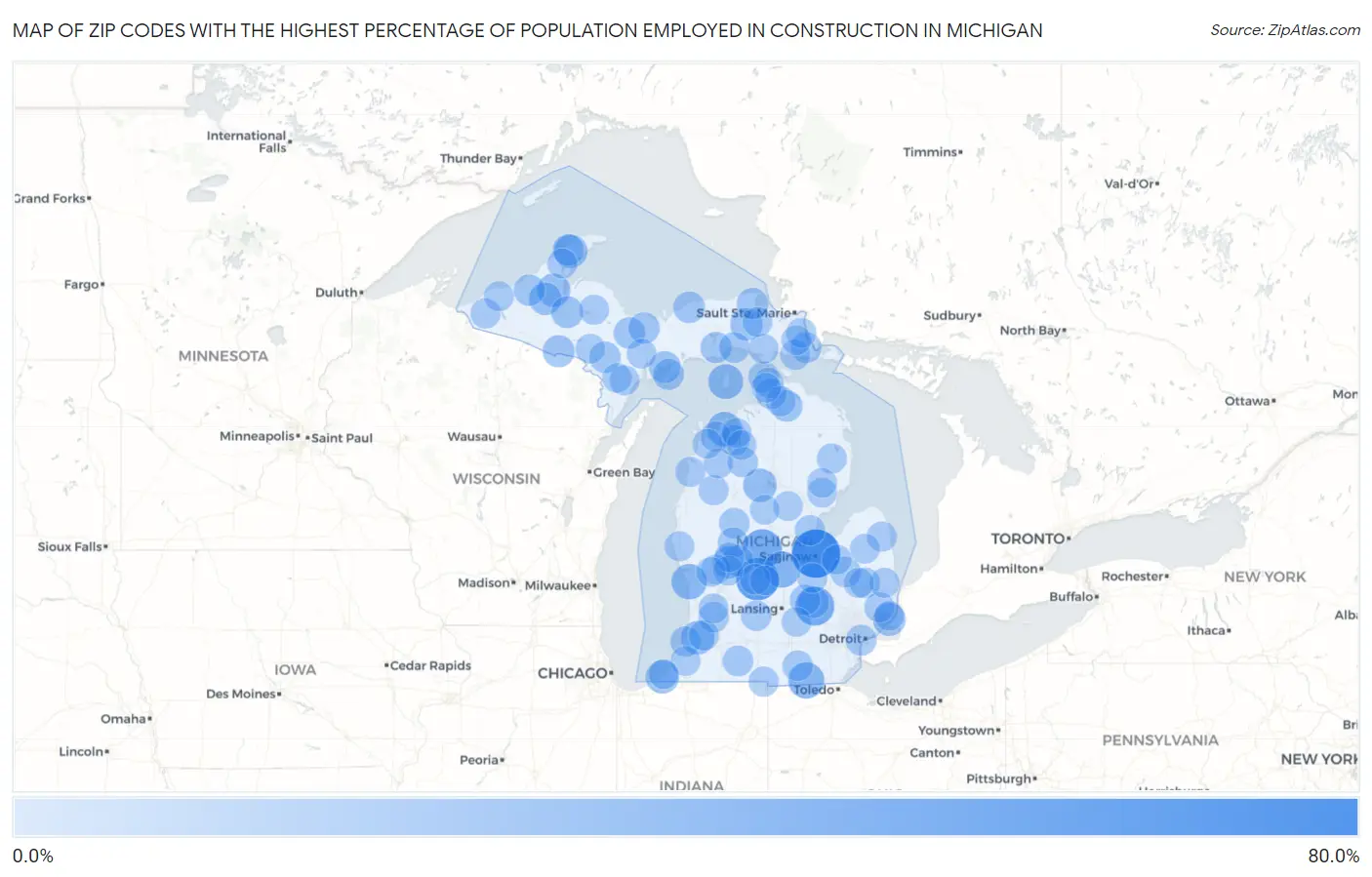 Zip Codes with the Highest Percentage of Population Employed in Construction in Michigan Map