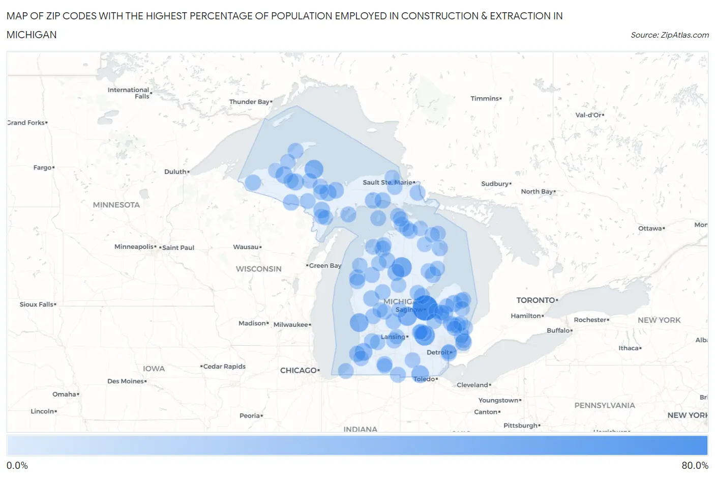Zip Codes with the Highest Percentage of Population Employed in Construction & Extraction in Michigan Map