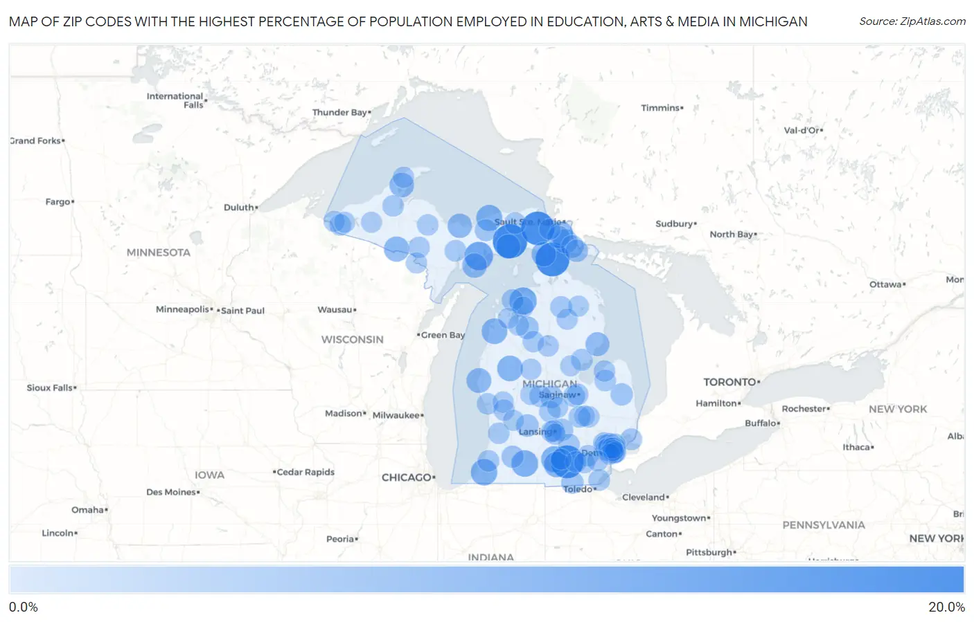 Zip Codes with the Highest Percentage of Population Employed in Education, Arts & Media in Michigan Map