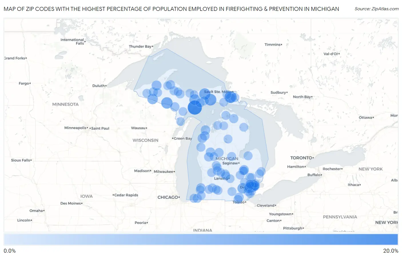 Zip Codes with the Highest Percentage of Population Employed in Firefighting & Prevention in Michigan Map