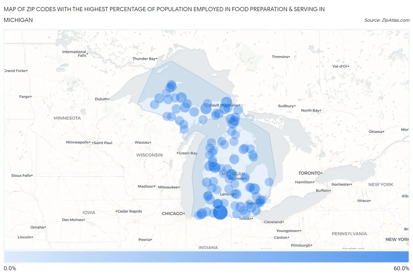 Zip Codes with the Highest Percentage of Population Employed in Food Preparation & Serving in Michigan Map