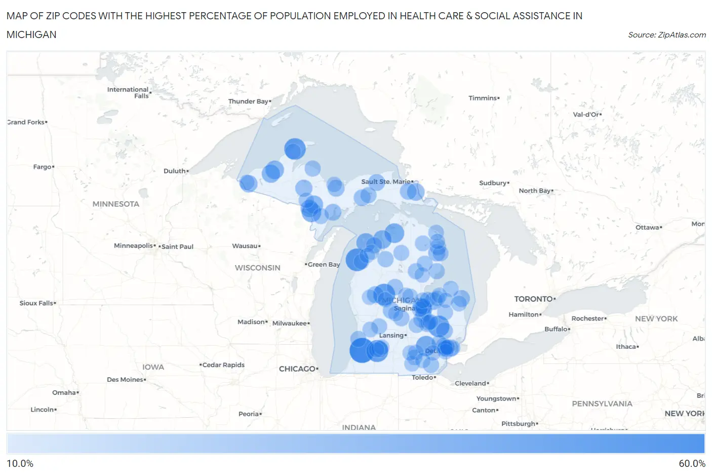 Zip Codes with the Highest Percentage of Population Employed in Health Care & Social Assistance in Michigan Map