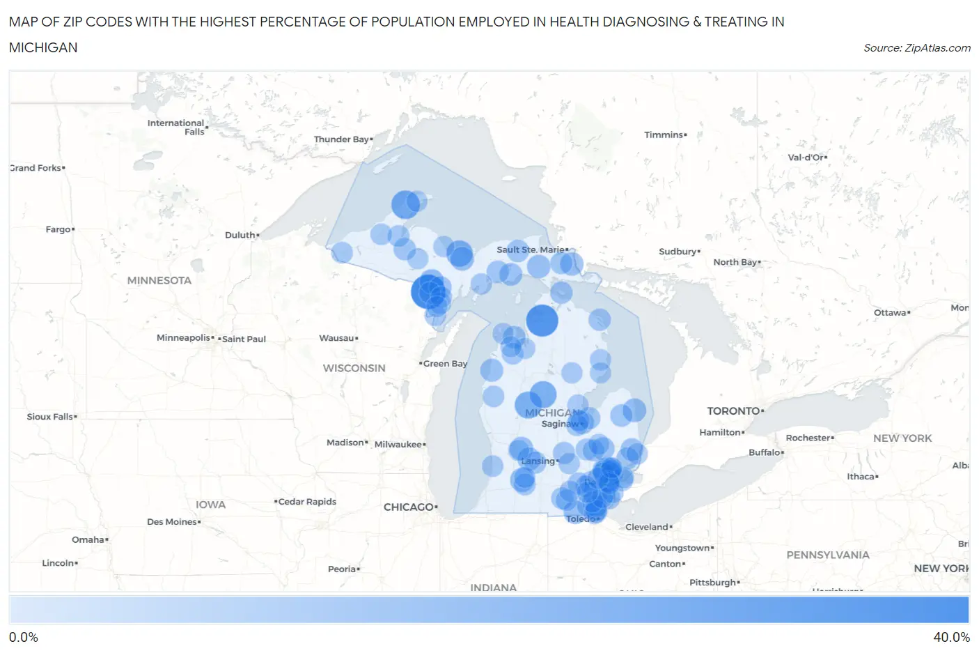 Zip Codes with the Highest Percentage of Population Employed in Health Diagnosing & Treating in Michigan Map