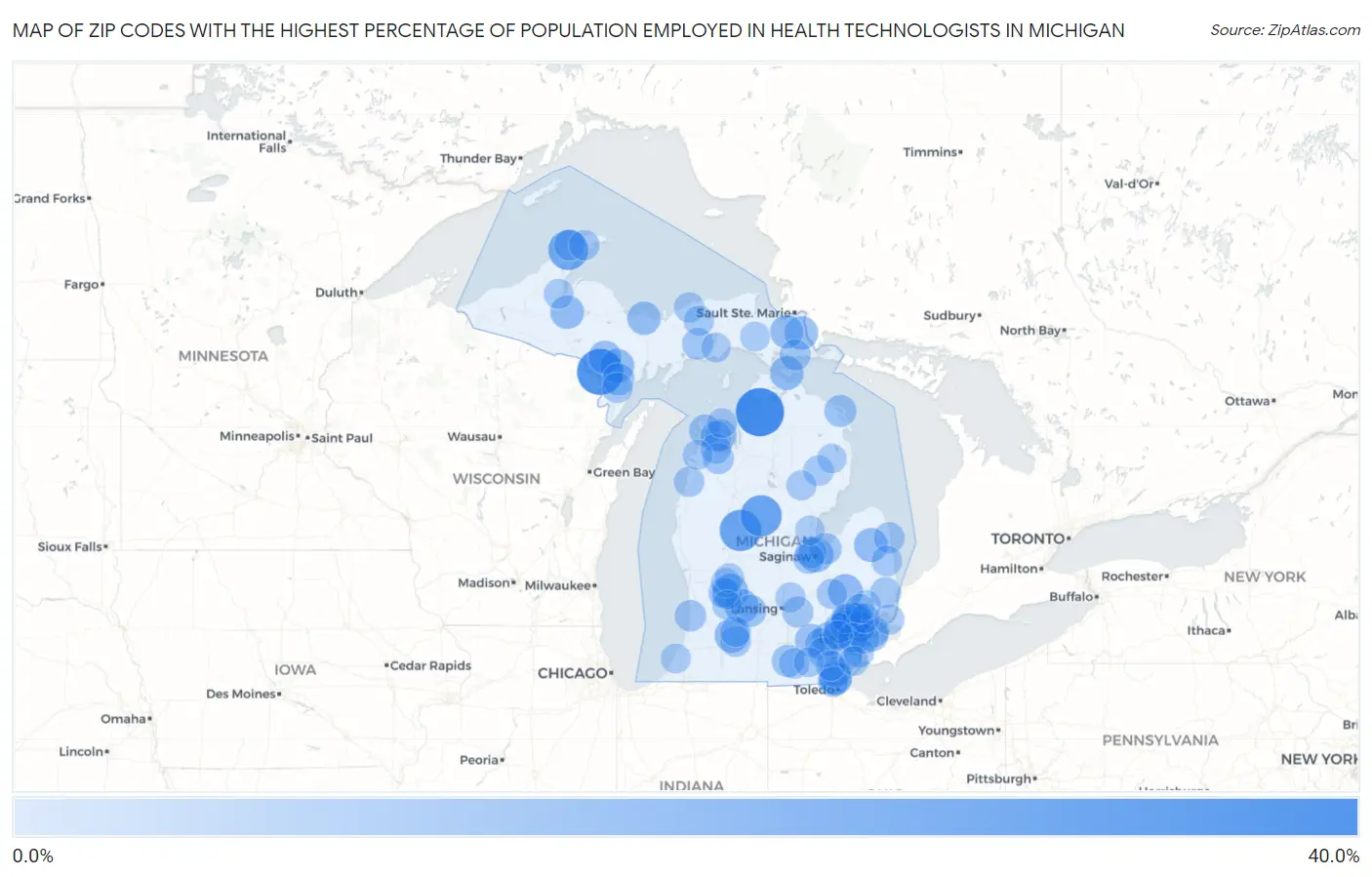 Zip Codes with the Highest Percentage of Population Employed in Health Technologists in Michigan Map