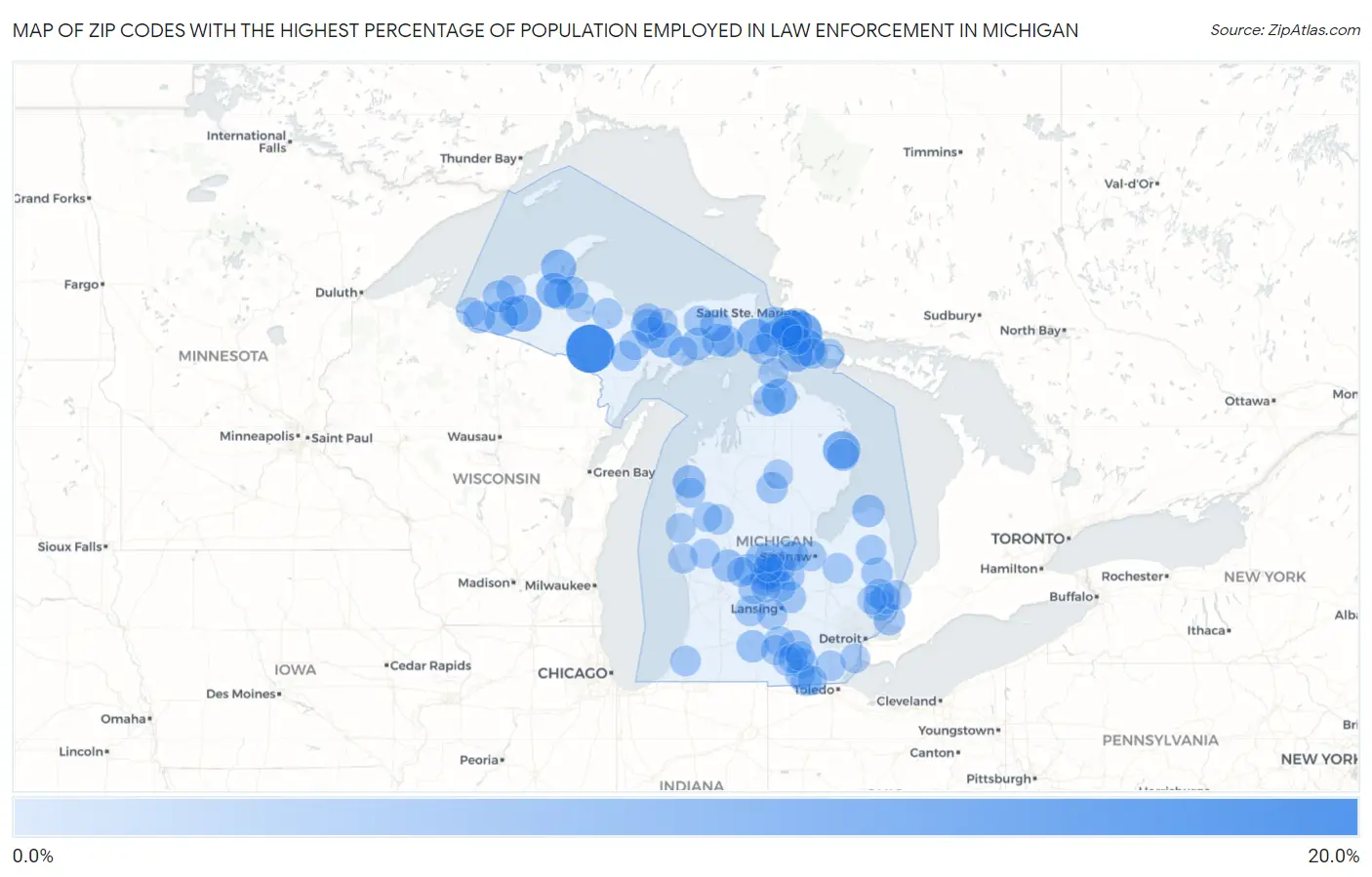 Zip Codes with the Highest Percentage of Population Employed in Law Enforcement in Michigan Map