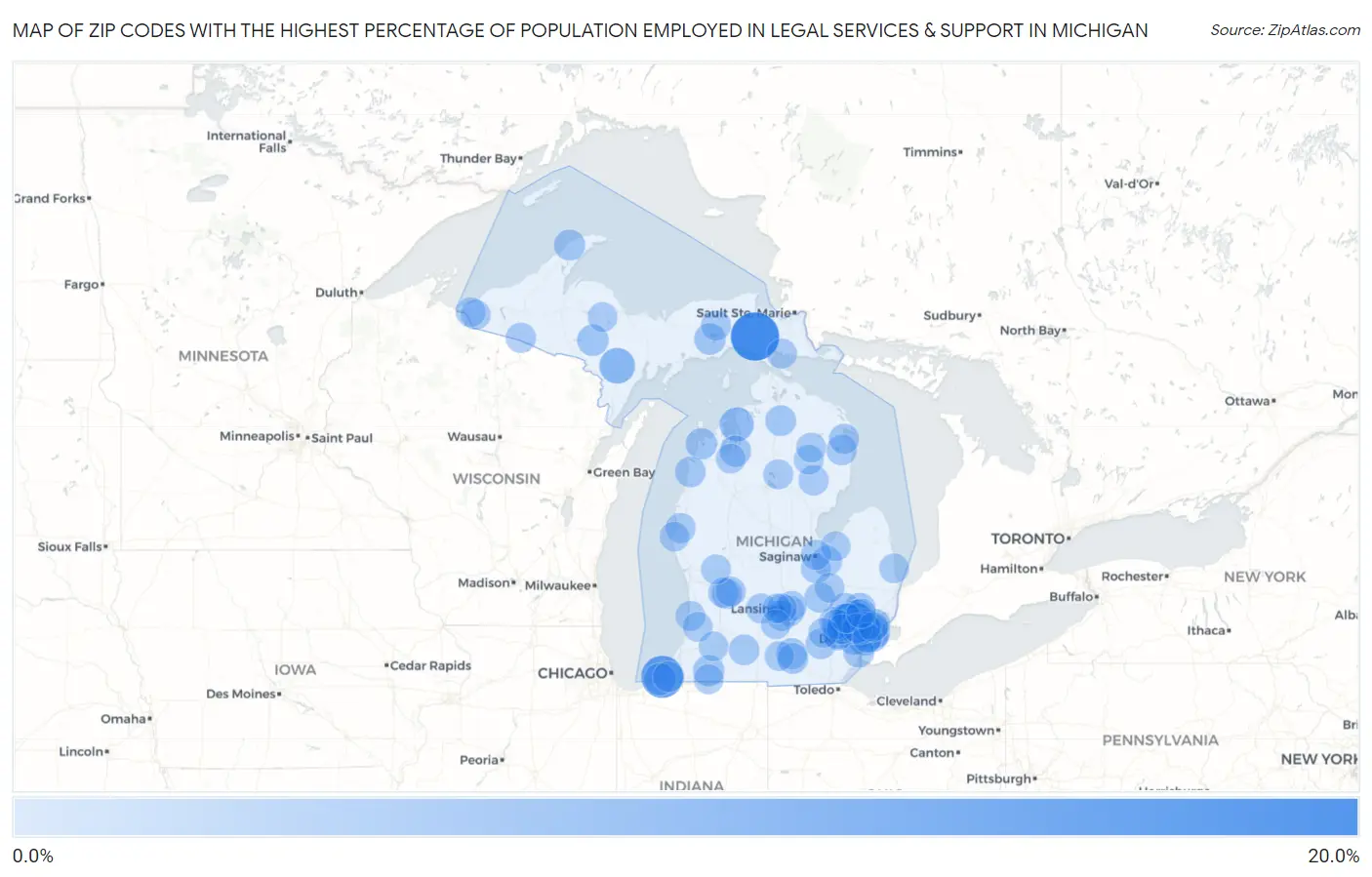 Zip Codes with the Highest Percentage of Population Employed in Legal Services & Support in Michigan Map