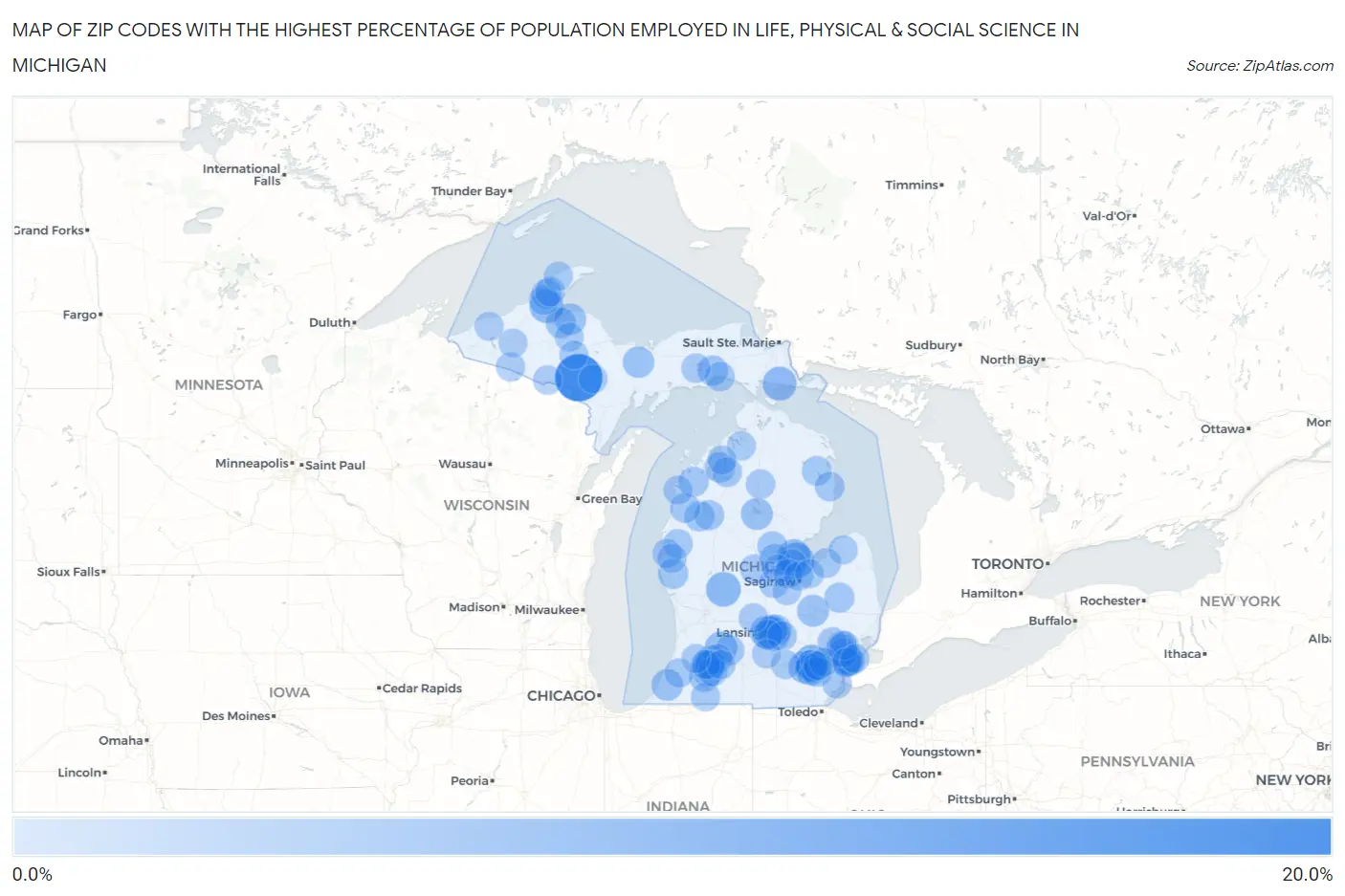 Zip Codes with the Highest Percentage of Population Employed in Life, Physical & Social Science in Michigan Map