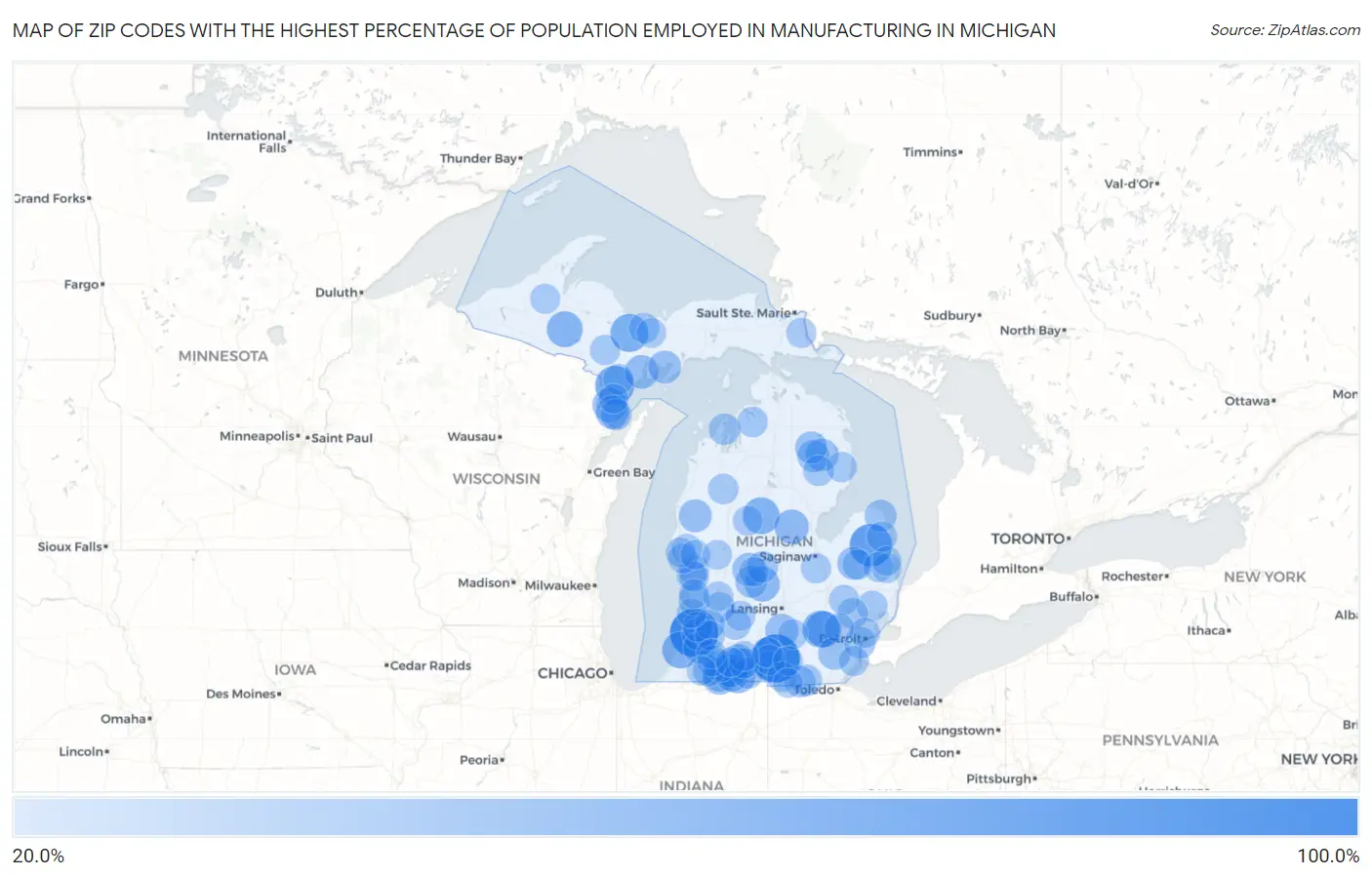 Zip Codes with the Highest Percentage of Population Employed in Manufacturing in Michigan Map