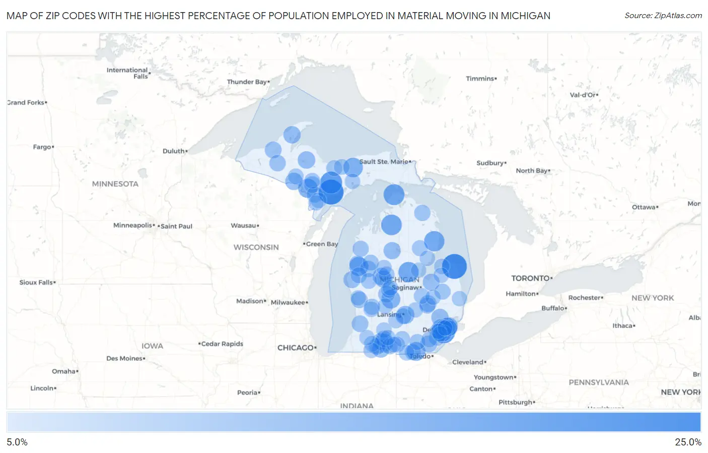 Zip Codes with the Highest Percentage of Population Employed in Material Moving in Michigan Map