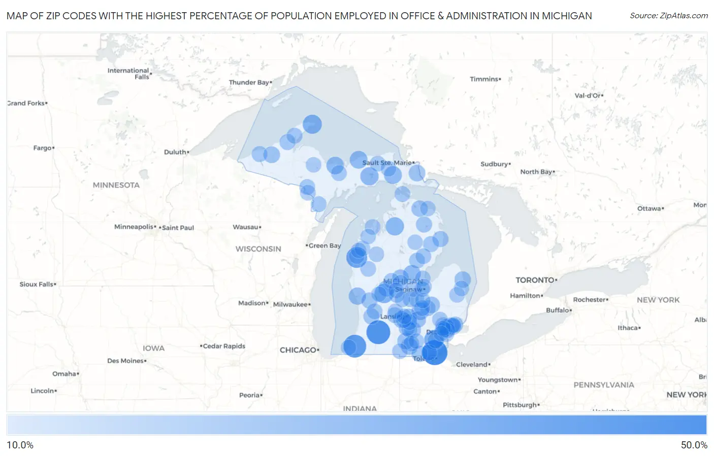 Zip Codes with the Highest Percentage of Population Employed in Office & Administration in Michigan Map