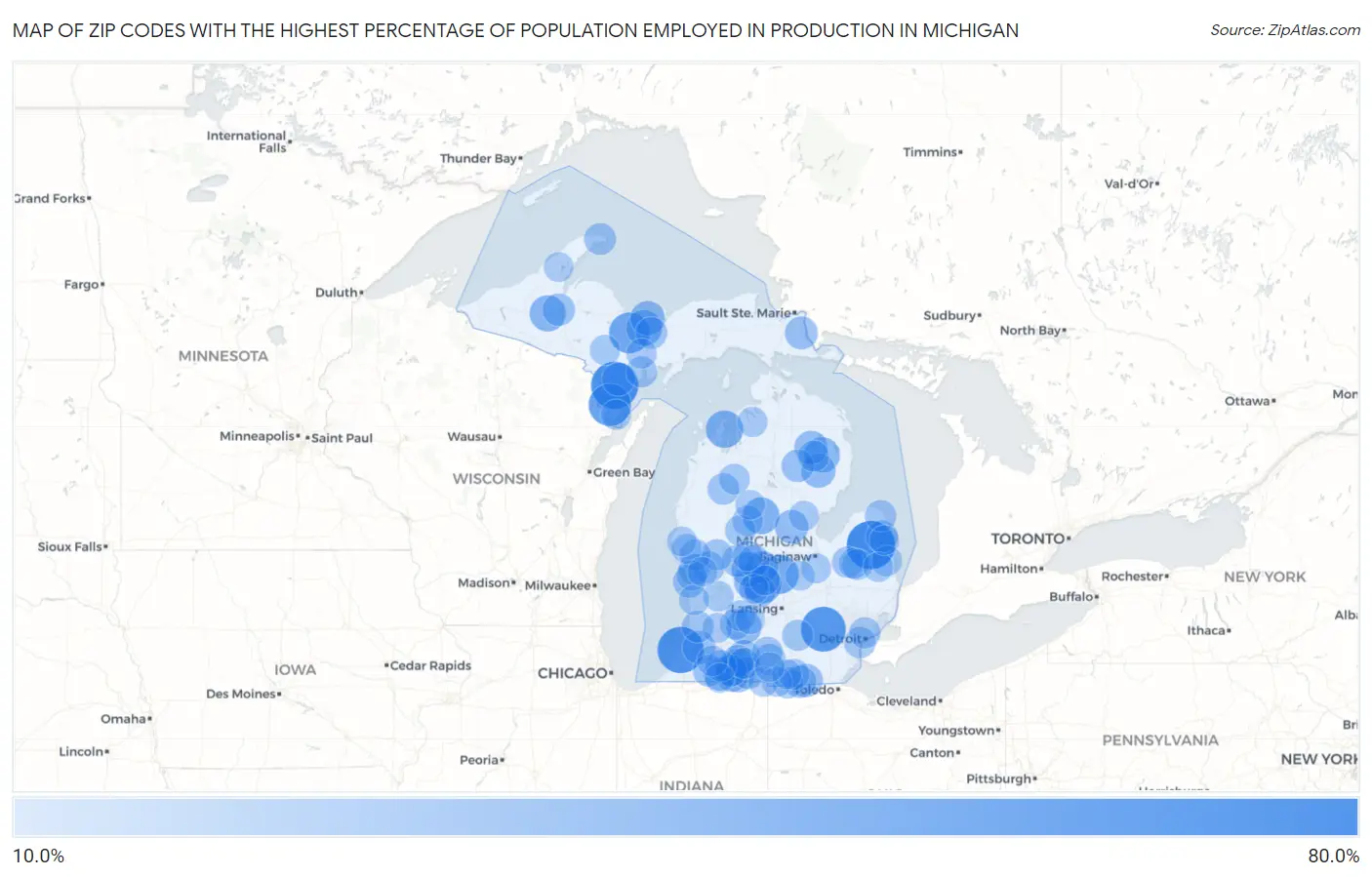 Zip Codes with the Highest Percentage of Population Employed in Production in Michigan Map