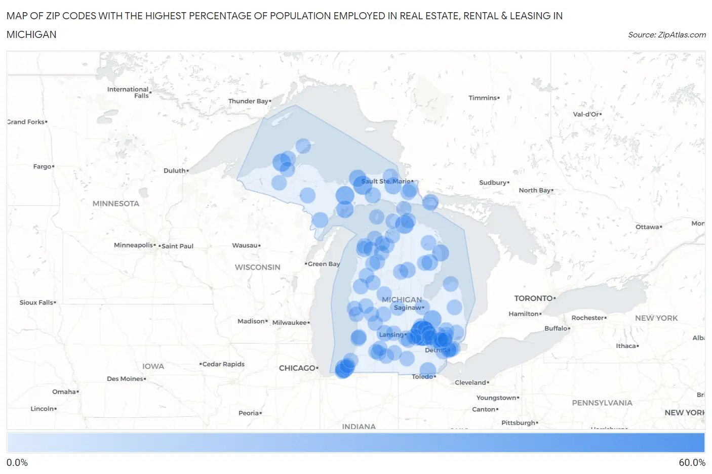 Zip Codes with the Highest Percentage of Population Employed in Real Estate, Rental & Leasing in Michigan Map