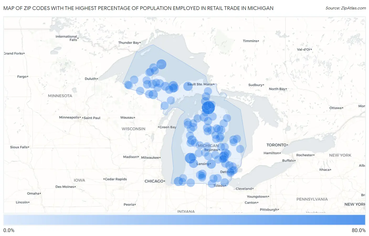 Zip Codes with the Highest Percentage of Population Employed in Retail Trade in Michigan Map