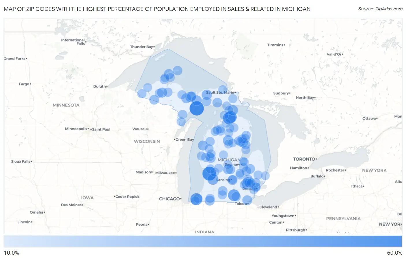 Zip Codes with the Highest Percentage of Population Employed in Sales & Related in Michigan Map