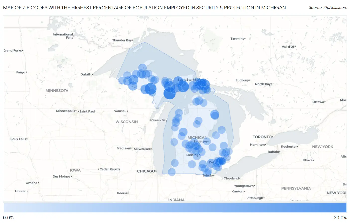 Zip Codes with the Highest Percentage of Population Employed in Security & Protection in Michigan Map