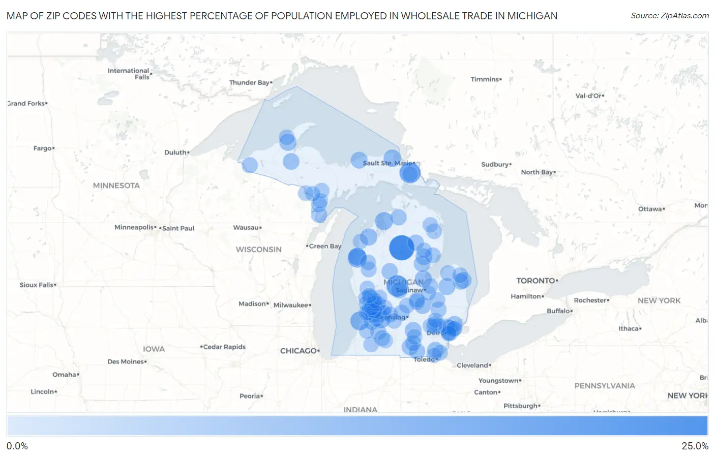 Zip Codes with the Highest Percentage of Population Employed in Wholesale Trade in Michigan Map