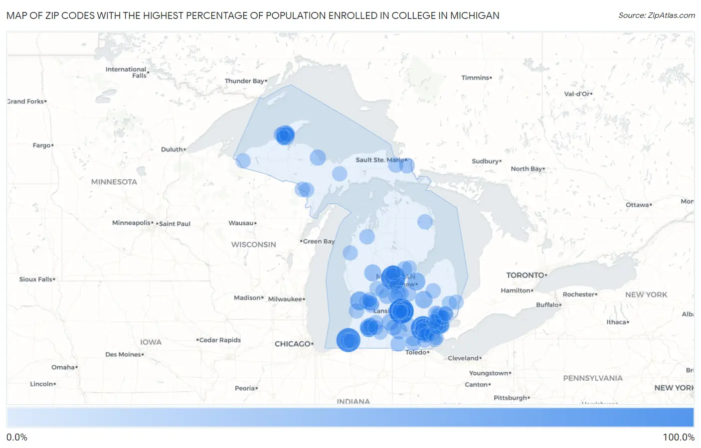 Zip Codes with the Highest Percentage of Population Enrolled in College in Michigan Map